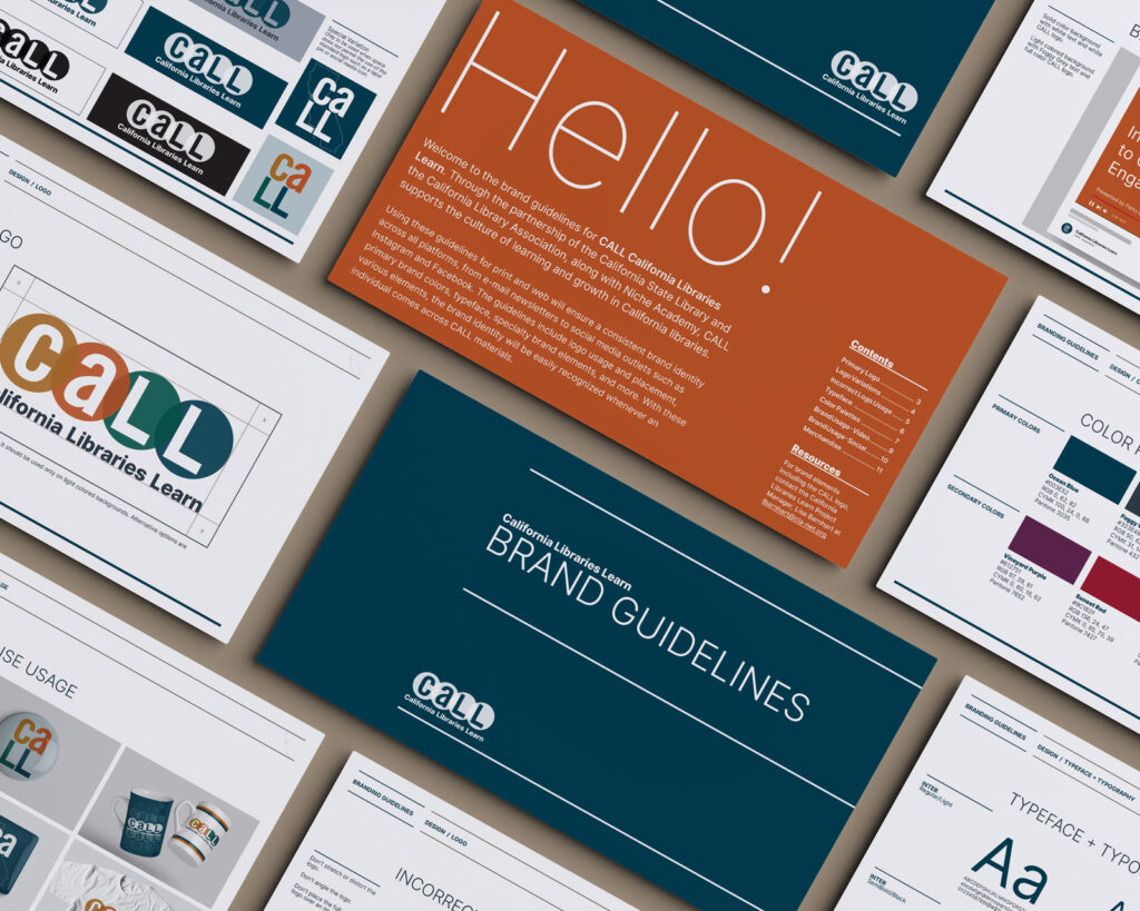 Different colored pages from a branding guidelines manual.