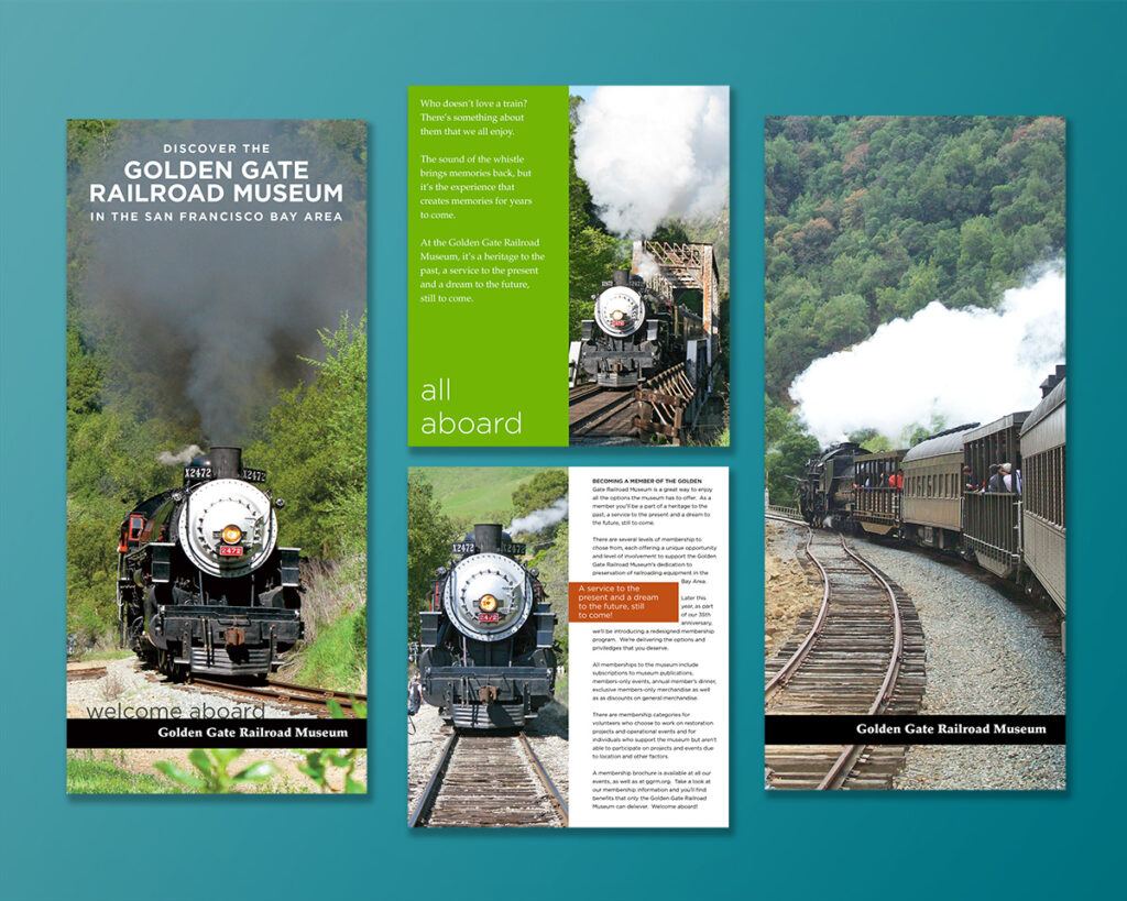 Pages of a railroad museum brochure with a steam engine on the pages.